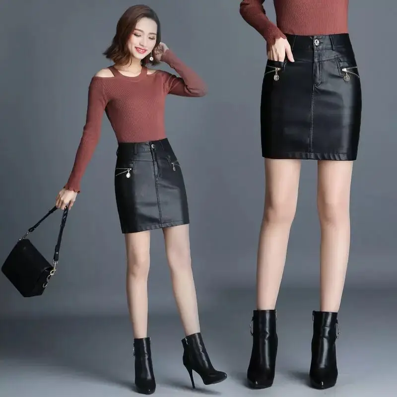 Новинка Осень-зима 2019 кожаная юбка большого размера облегающая с высокой талией