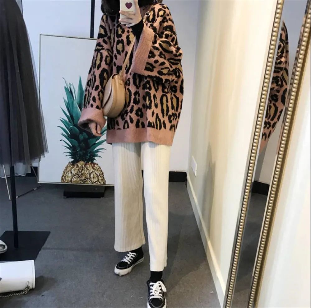 Women Sweater Autumn Winter O-Neck Leopard Print Oversized Loose Knit Casual Pullover Plus Size jumper sweter 35 | Женская одежда