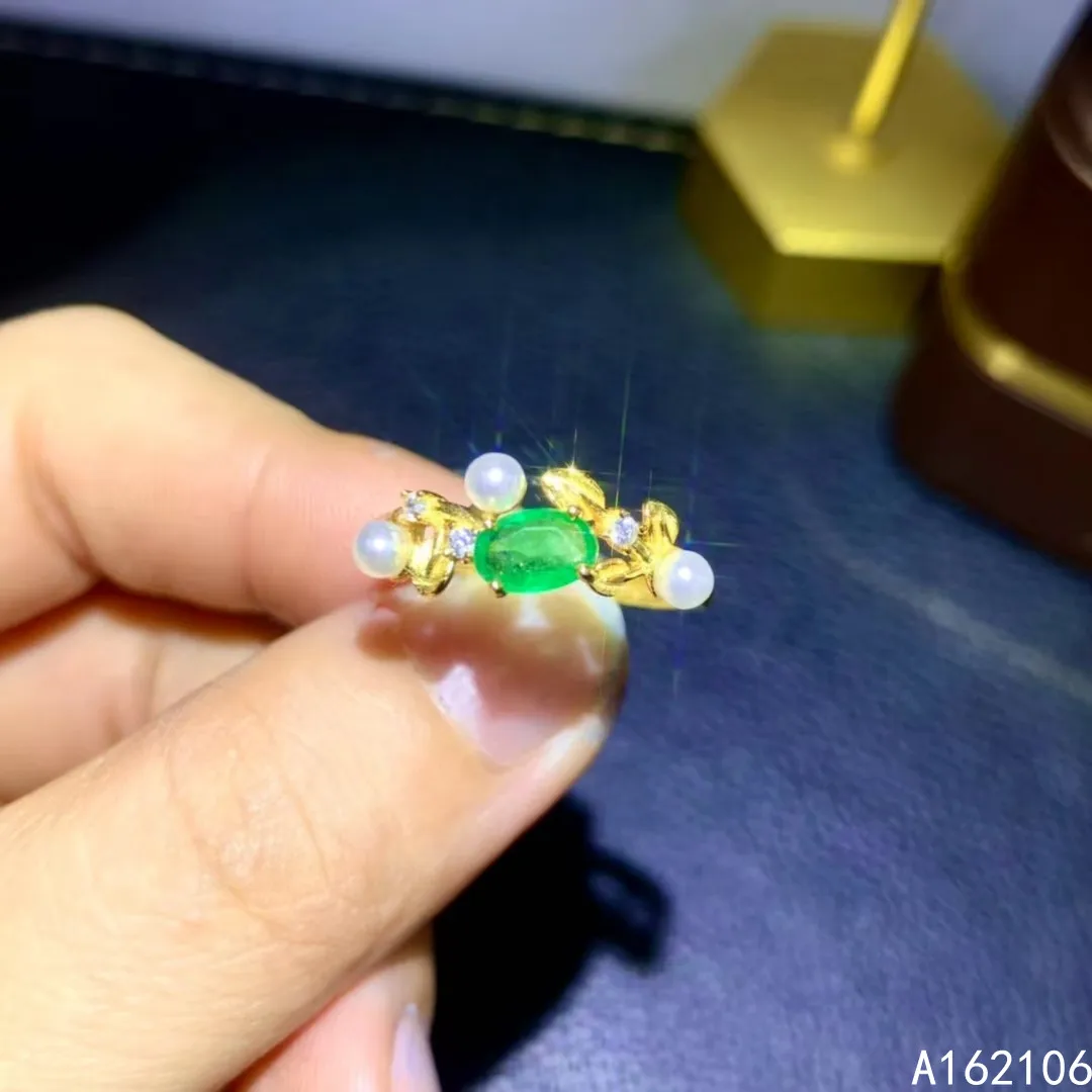 925 Pure Silver Chinese Style Natural Emerald Women's Classic Noble Pearl Plant Adjustable Gem Ring Fine Jewelry Support Detecti