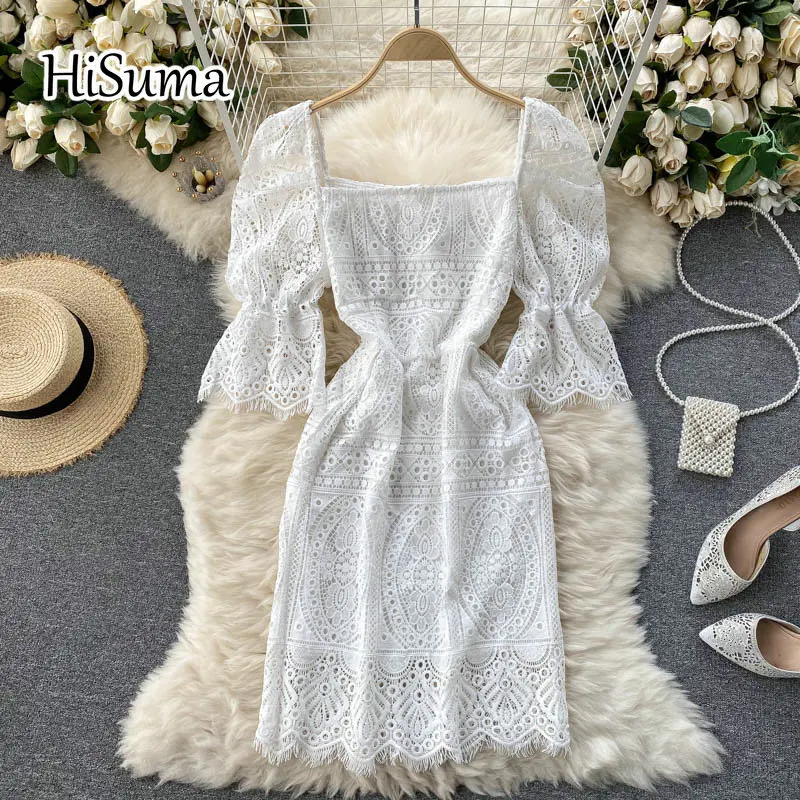 

Новинка лета 2021, женское кружевное платье-футляр с квадратным воротником и пышными рукавами, женские шикарные Элегантные платья чистого бе...