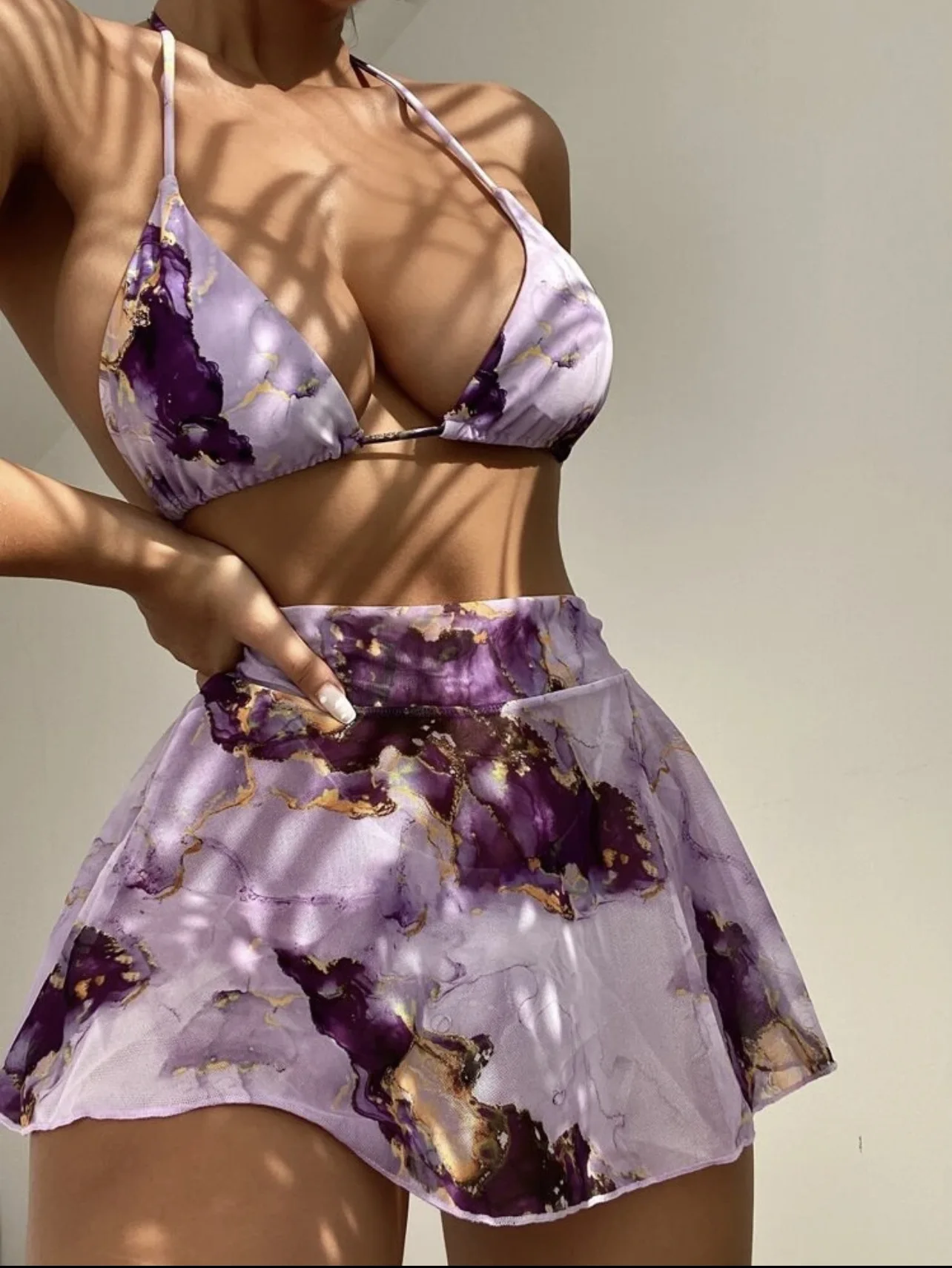 

Sexy 3 Piece Bikini Set +Skirt High Waist Bikinis Swimsuits Push Up Swimwear Marble Print Halter Bathing Suit Brazilian Biquini