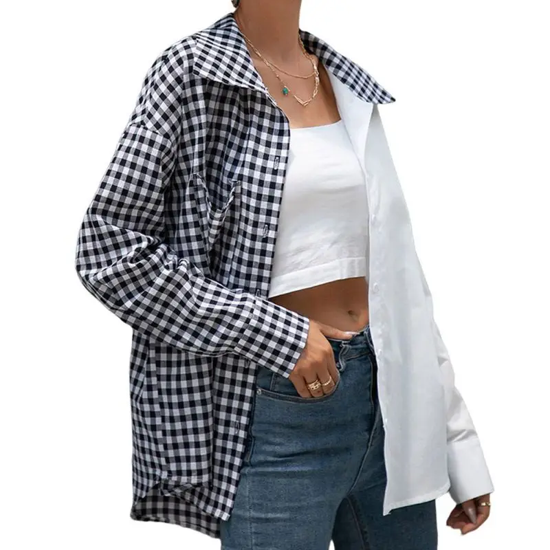 

Женская клетчатая блузка с отложным воротником, свободного покроя