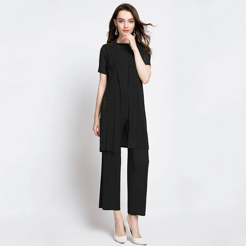 LANMREM 2020 New Fashion Pattern Pleated Stitching Lace Slimming Solid Elegant Shawl Wide-leg Pants Female Three-piece Set AD069 | Женская