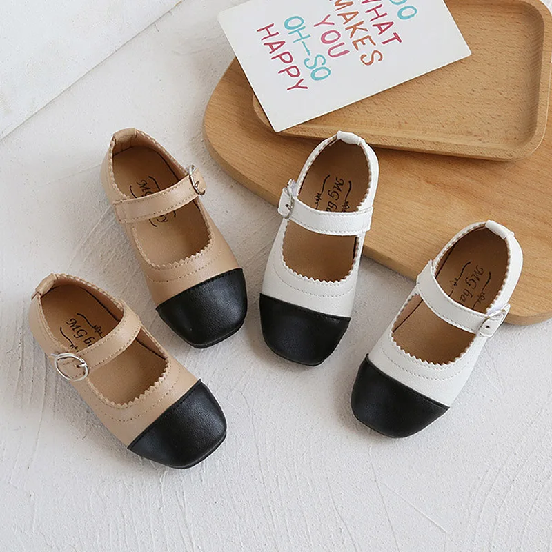 Girls Shoes Patchwork Leather Kids Square Toe Princess Baby Wave Mary Janes White Black Toddlers Spring Autumn |
