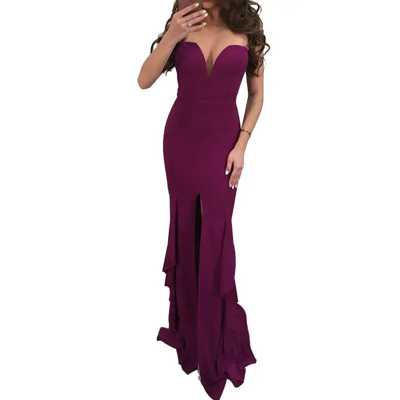 Женское облегающее платье без рукавов с оборками глубоким v образным вырезом