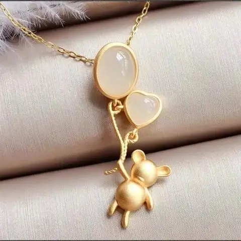 

Natural Hetian White Jade Jasper 925 Sterling Silver Inlaid Clavicle Chain Love Balloon Bear Pendant Q Cutie Cute Simple