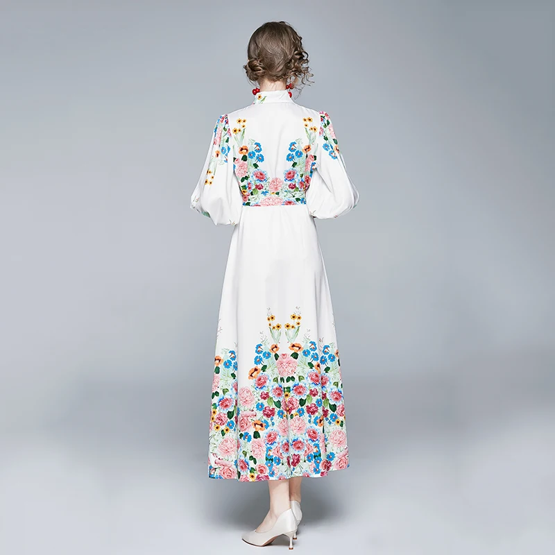 

New Elegant Vintage Women Print Slim Tunic Maxi Dress Evening Party Clothing Lady Long Sleeve Dresses Sashes