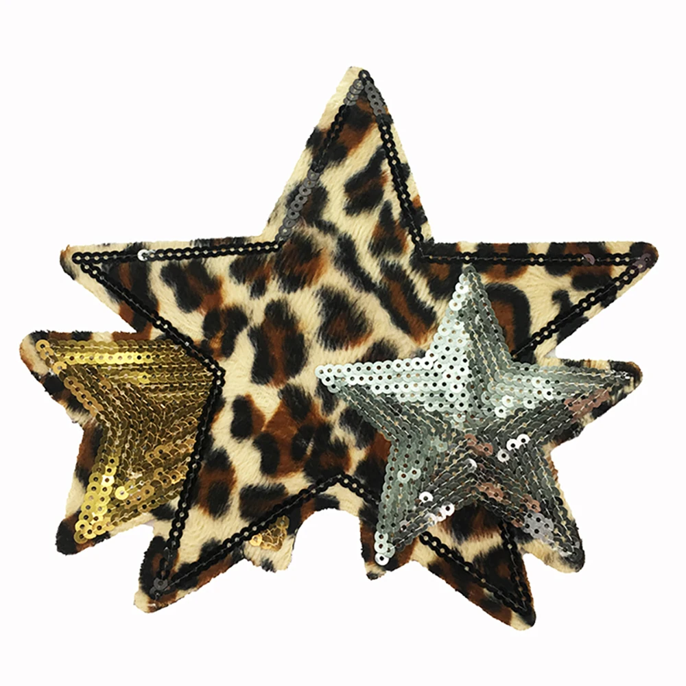 

2Pcs Embroidery Leopard Five-Pointed Star Fluff Sequin Patches for Clothes Sewing in Dress Denim Jacket DIY Decoration Applique