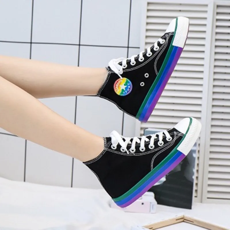 Spring Korean Version Of Canvas Children's Shoes Girls High-top Lace-up Fashion Trend Students Rainbow Soles Casual | Детская одежда
