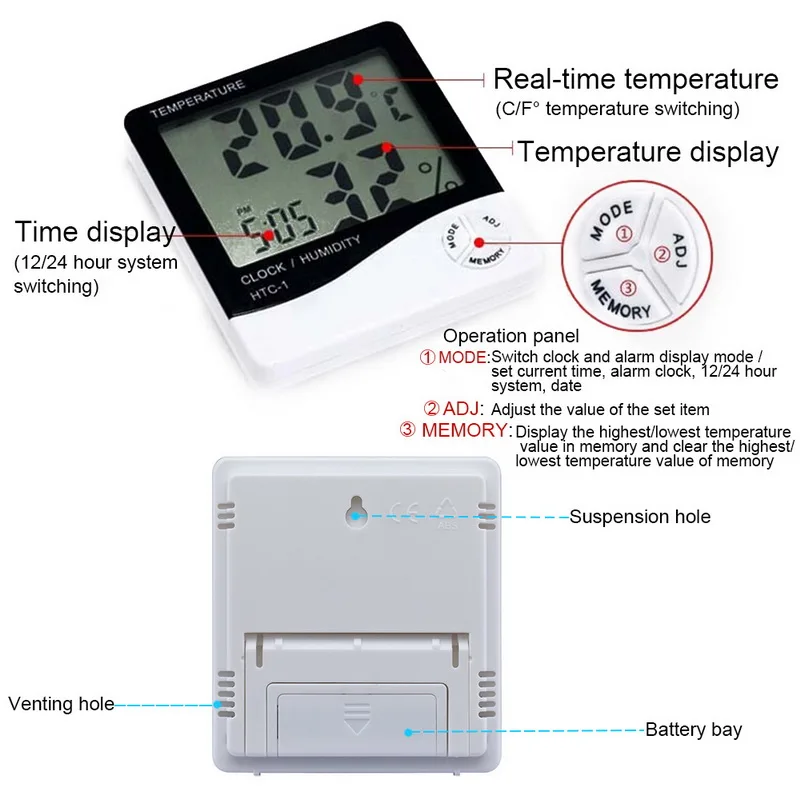 LCD Digital Alarm Clock Temperature Humidity Meter HTC-1 HTC-2 Indoor Outdoor Hygrometer Thermometer Memory Weather Station | Инструменты