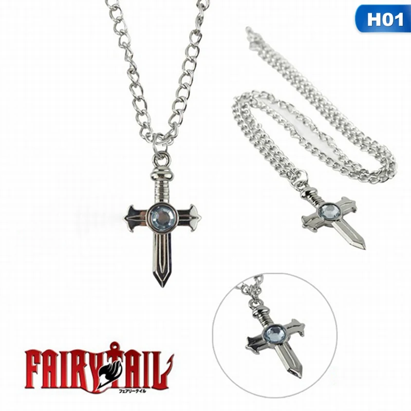 Мода синий Аниме Кристалл крест кулон ожерелье Сказочный хвост фигура серый