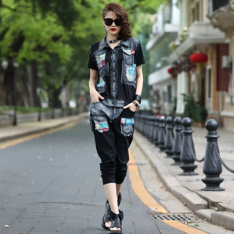 

Women Denim Patchwork Short Sleeve Jacket Harem Pants Two Piece Set High Street Single Breasted Vest Slim Calf-Length Pants Set