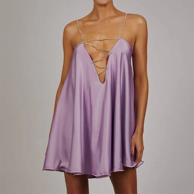 

Women Sexy Chain Sling Sleeveless Deep V Neck Party Dresses Summer Chic Elegant Hollow Out Design Mini Dress Solid Smooth Dress