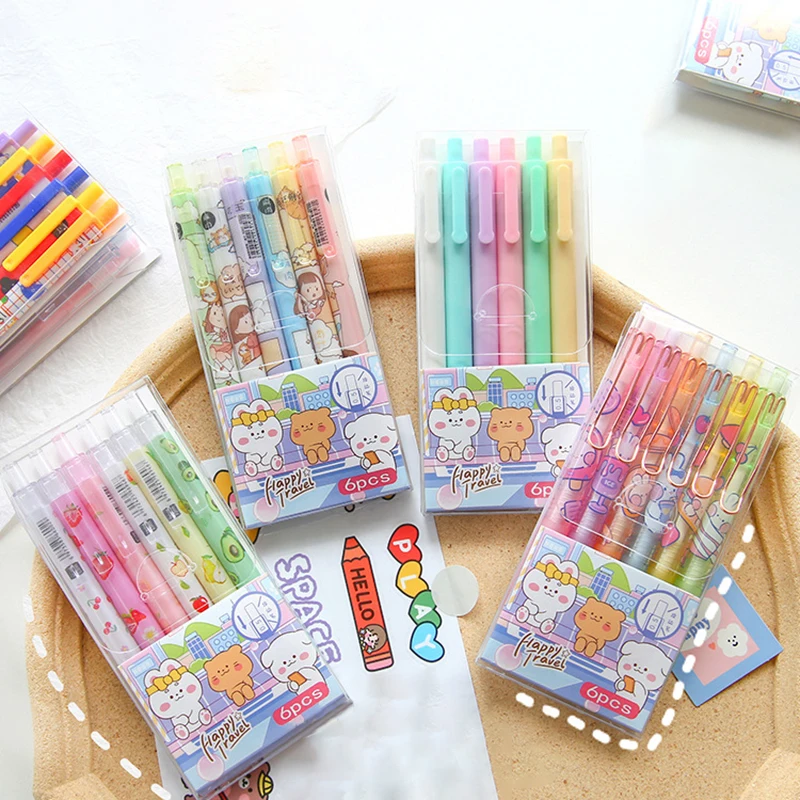 

6 Pcs/box Kawaii Press Gel Pen Cartoon School Office Supplies 0.5mm Black Ink Pen School Stationery Student Test Signature Pen