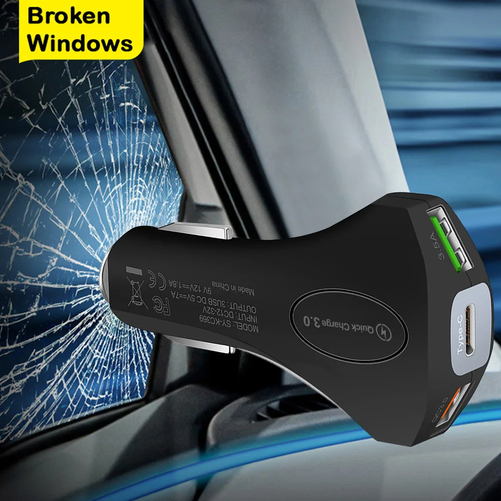 3 0 зарядных порта USB для автомобиля Зарядное устройство Безопасность молоток