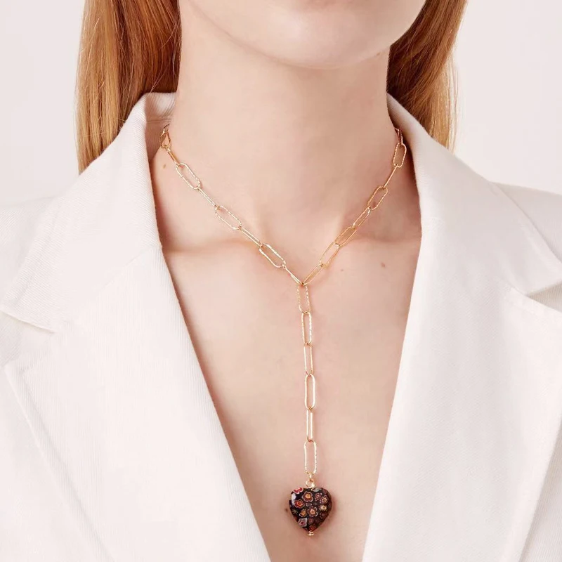 

Stone Pendant Stainless Steel Necklace Bohemian Heart shaped Natural Stone Collares De Moda Statement Long Drop Dangle Necklace