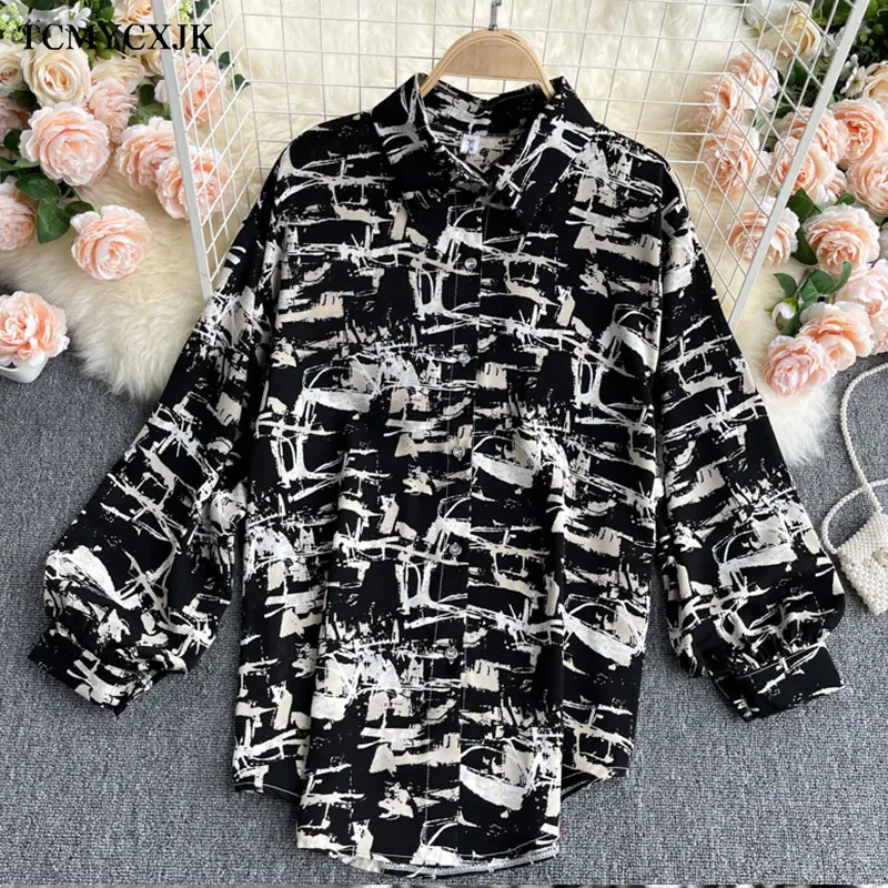 

2021 Spring New Vintage Houndstooth Printed Shirt Women Lapel Long Sleeve Loose Blouse Women Plus Size Casual Chiffon Top Femme