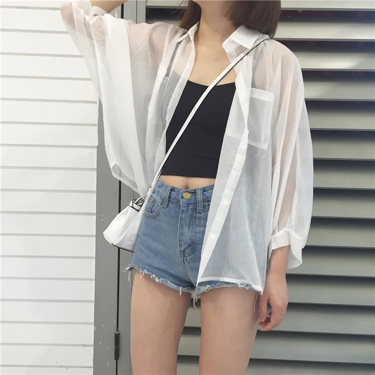 

Women's Clothing Shirts pockets solid turn-down collar Perspective casual style Spring autumn blusas mujer de moda ladies tops