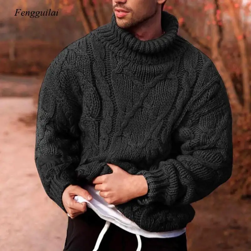 

Turtleneck Pullover Sweater Men 2020 Autumn Mens Braided Sweaters Pull Homme Casual Slim Fit Knitted Solid Basic Sweater Coat XL