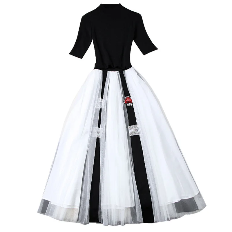 

Women's diamonds beading mesh tutu skirt suit black sexy sheath knit tops pullovers color block skirt two piece set 2019