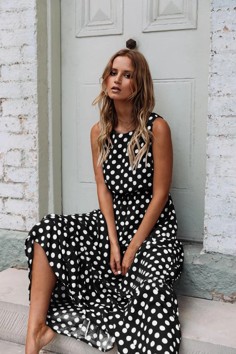 

Summer Sexy O Neck Sleeveless Boho Polka Dot Print Maxi Dress 2021 Casual Empire Robe Ladies Party Long Dress Vestidos