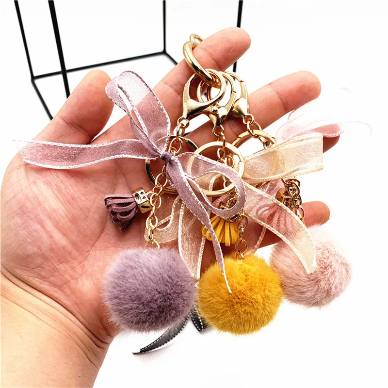 

Hot Sale Trinket Fluffy Artificial Rabbit Fur Ball Key Chain Pompons Keychain Women Car Bag Key Ring Jewelry