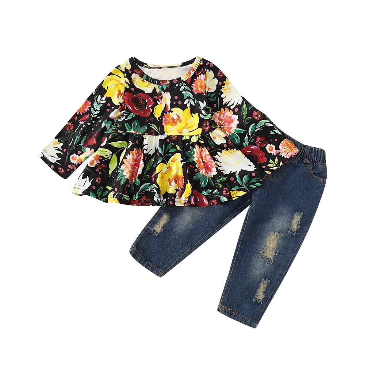 2pcs Kids Baby Girls Outfits Casual T-shirt Tops Long Ripped Pants Leggings Clothes Set Autumn floral sleeve clothing | Детская одежда