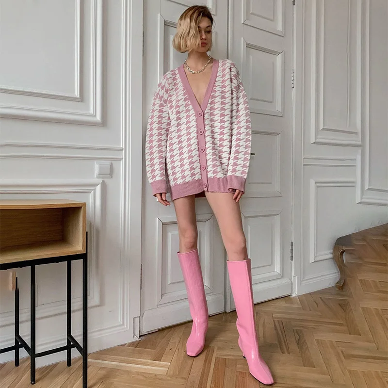 

Brand Women Autumn Winter Sweater Cardgians Fall V-Neck Long Loose Plaid Patchwork Single Breasted Buttons Casual Women Sweater