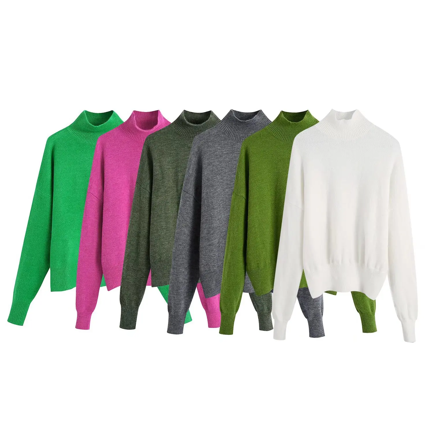 

Women Fashion Solid Knit Sweater Top Long Sleeves High Neck Vintage Female Knitted Sweaters Pullover Chic Tops