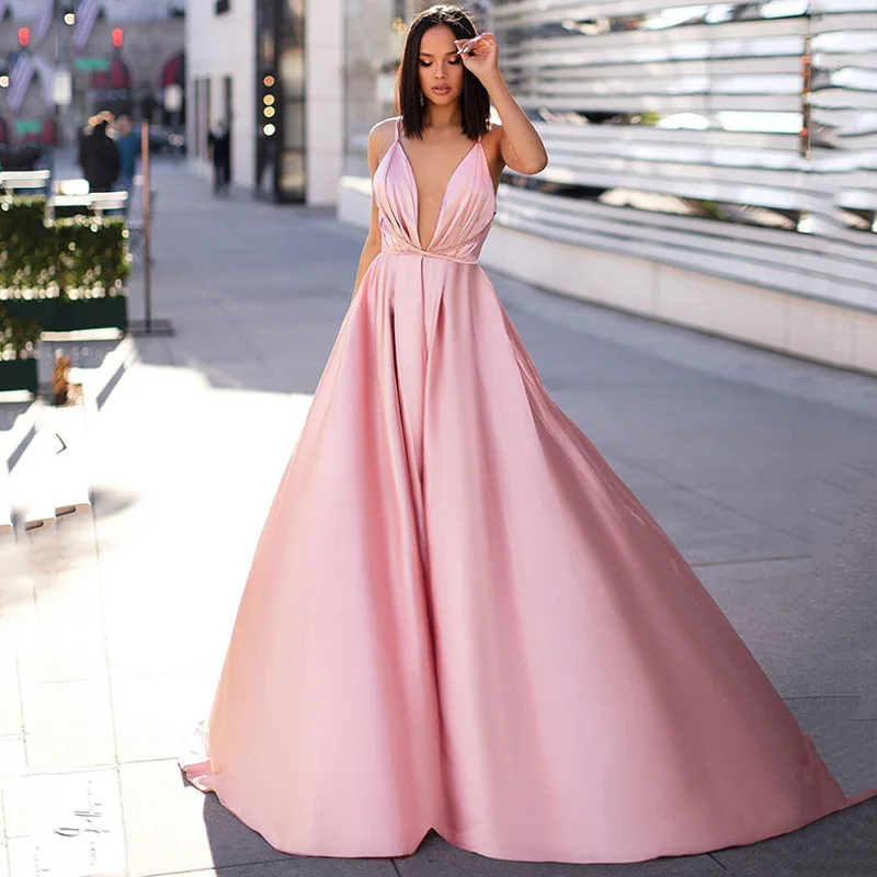 

Pink A-line Evening Dress Long V Neck Plain Satin Spaghetti Backless Formal Party Gown vestidos de fiesta de noche Prom Dresses