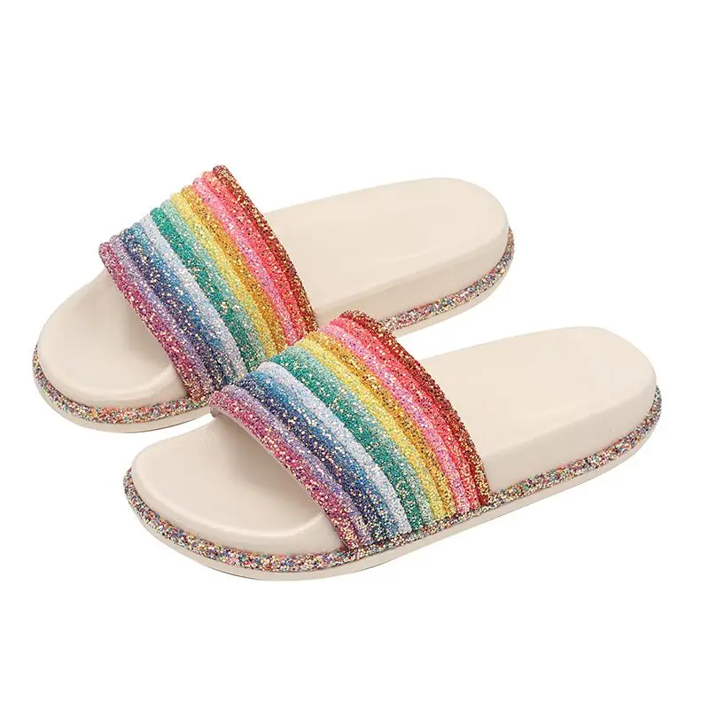 

Women Slippers Colourful Rainbow Beach Shoes Woman Platform Sandals Casual Flats Flip Flops Women Outside Summer Home Bath Shoes