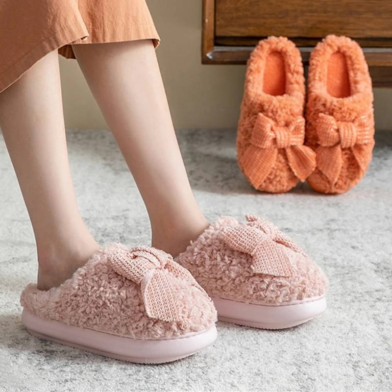 

Winter Thick Sole Platform Women Fur Slippers Cute Bow-knot Warm Plush Indoor Flats Bedroom Pink Ladies Furry Slides