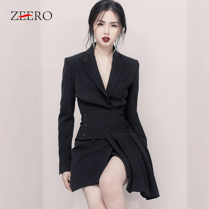 Женский Дизайнерский Костюм ZEERO черный двубортный Блейзер и асимметричная