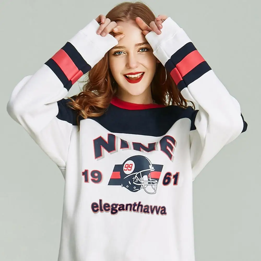 

HAVVA Autumn and Winter New Patchwork Color Letter Pattern Loose Pullover Female Round-Neck Sweatshirt V31180