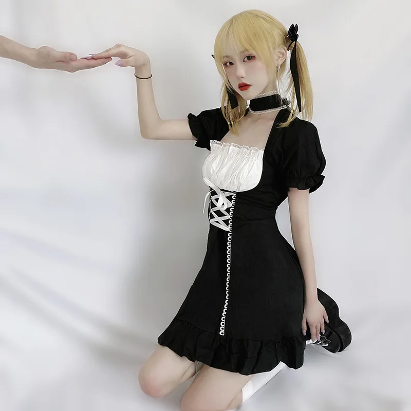 

Japanese Soft Sister Cute Lolita Dress Women Victorian Gothic Puff Sleeve Slim Dress Party Retro Dark Girls Bandage Maid Dresses