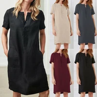 women ladies pocket cotton linen dress midi shirt tunic plus size buttons dress