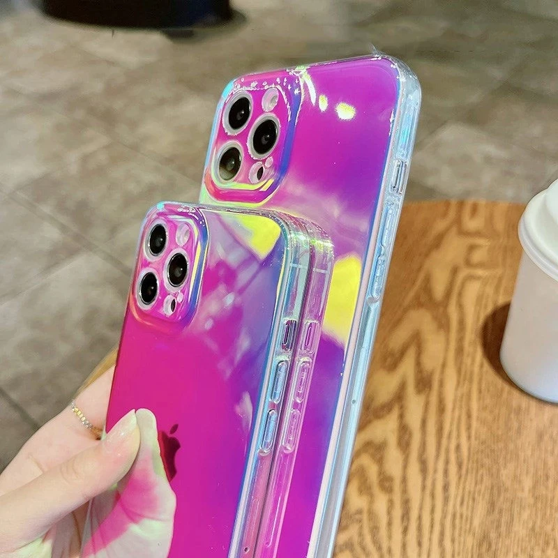 

Transparent Rainbow Laser Soft Phone Case For iPhone 11 12 pro XR X XS XR 7 8 Plus 12Mini SE2020 Shockproof Bumper Back Cover