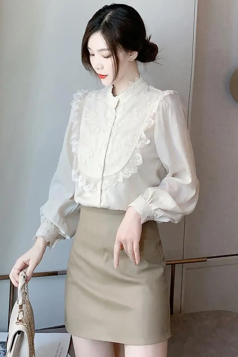 

Comelsexy2021 Spring Lace Embroidery Chiffon Blouse Women Elegant Solid Color French Style Long Sleeve Office Ladies Tops Shirts
