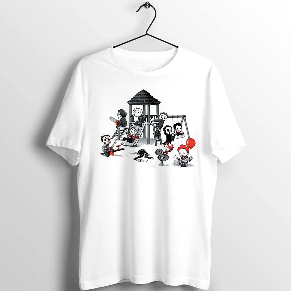 Женская футболка для мужчин ужас детский сад Злодеи Чаки Pennywise Ghostface Джейсон