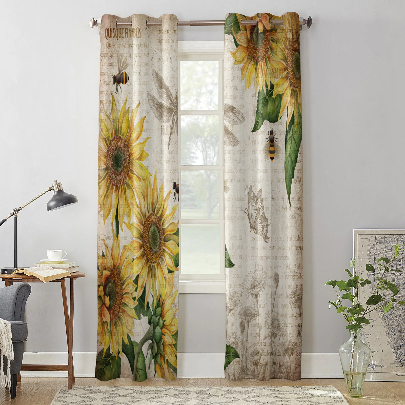 Винтажные старые газеты Подсолнухи стрекоза бабочки оконные шторы для гостиной