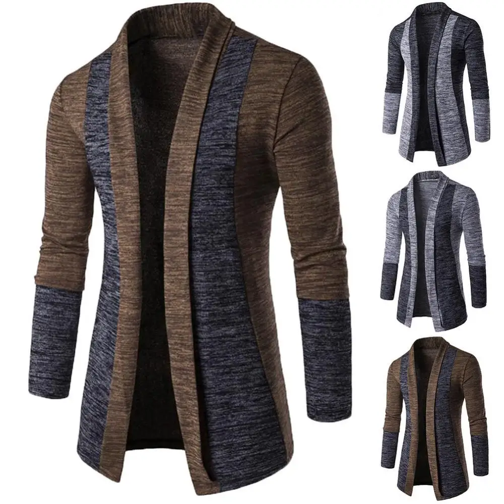 

Retro Men Patchwork Long Sleeve Slim Fit Knitted Sweater Cardigan Coat Outwear