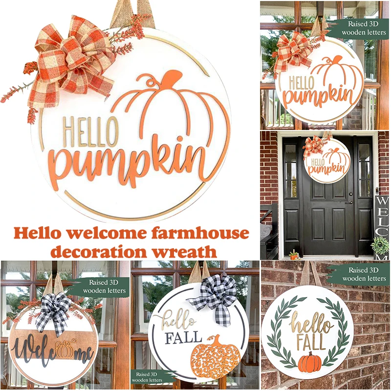 

Круглая деревянная Осенняя приветственная вывеска, деревенский подвесной орнамент для дома, сада, фермерского декора JS23