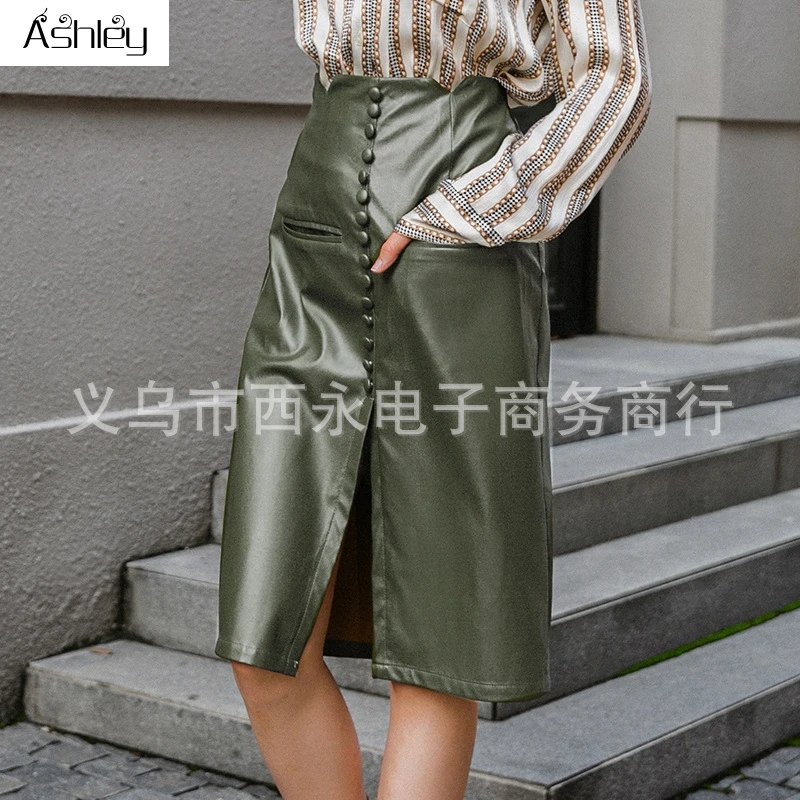 

Ashley Sexy blackish green autumn winter women skirt Elegant office pu leather skirt High street fashion female pencil skirts