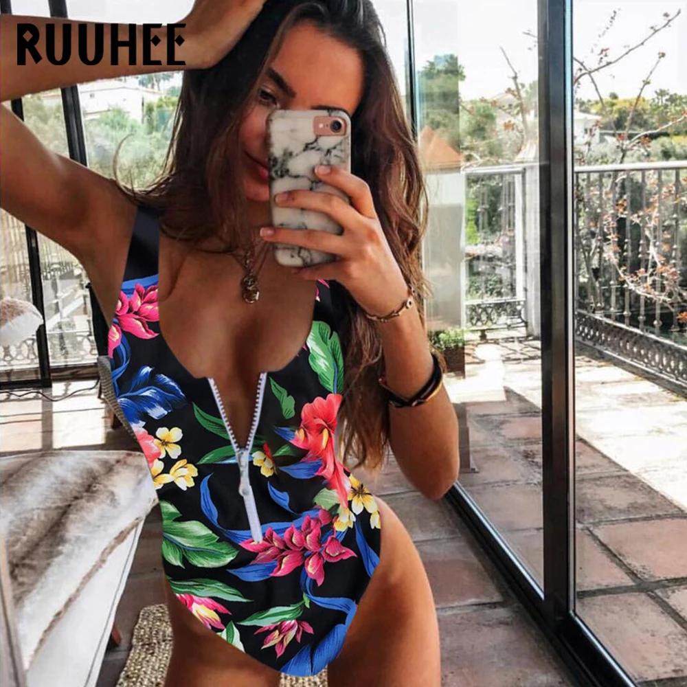 RUUHEE 2021 купальник женский цельный на молнии с принтом однотонный полосатый