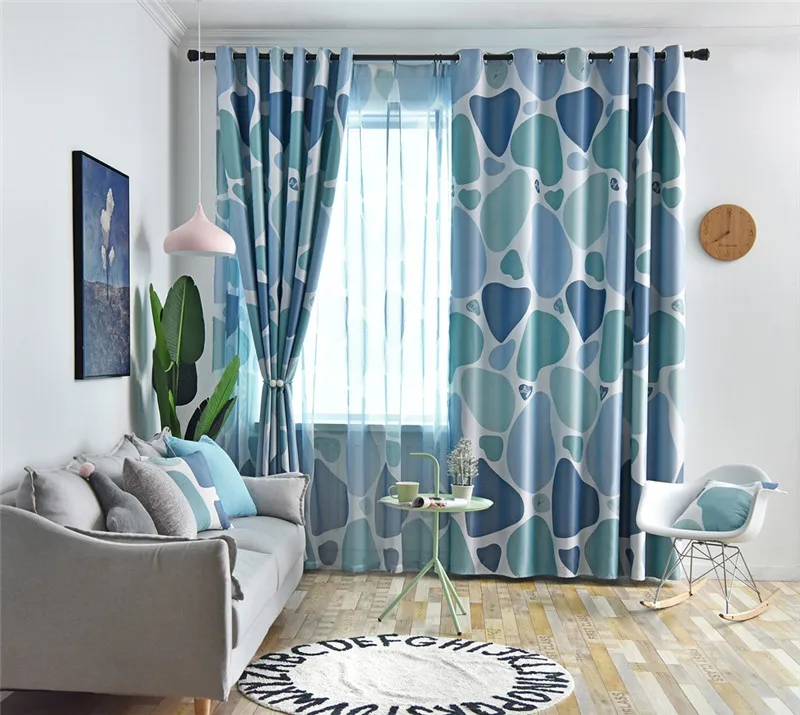 Blue Cobblestone Printed Curtains Shading Fabrics for Living Room Modern Yellow Blackout Curtains Water Ripple Curtain WP419#20