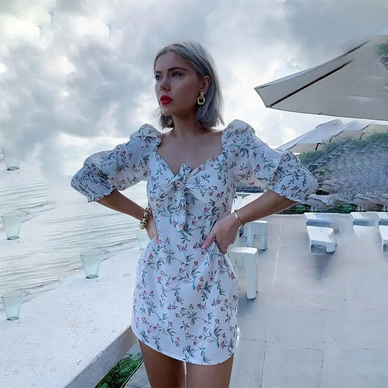 2019 осень с цветочным принтом молочница шифоновое платье для женщин платья бантом