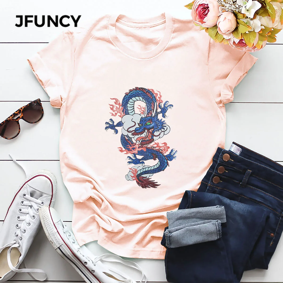 JFUNCY  Women Tops Dragon Print Casual Woman Cotton T-shirt Summer Female Tee Shirt Oversize Short Sleeve Lady Tshirt