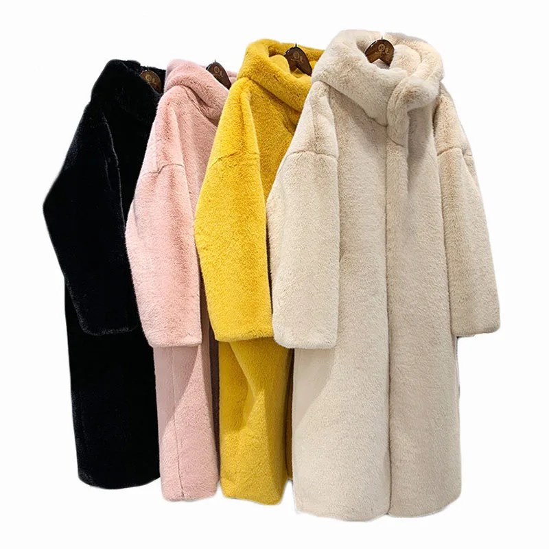 ZADORIN Winter New Luxury X- Long Faux Mink Fur Coat Women Furry Warm Fur Hoodie Loose Pink Black Fur Jacket Coats Female
