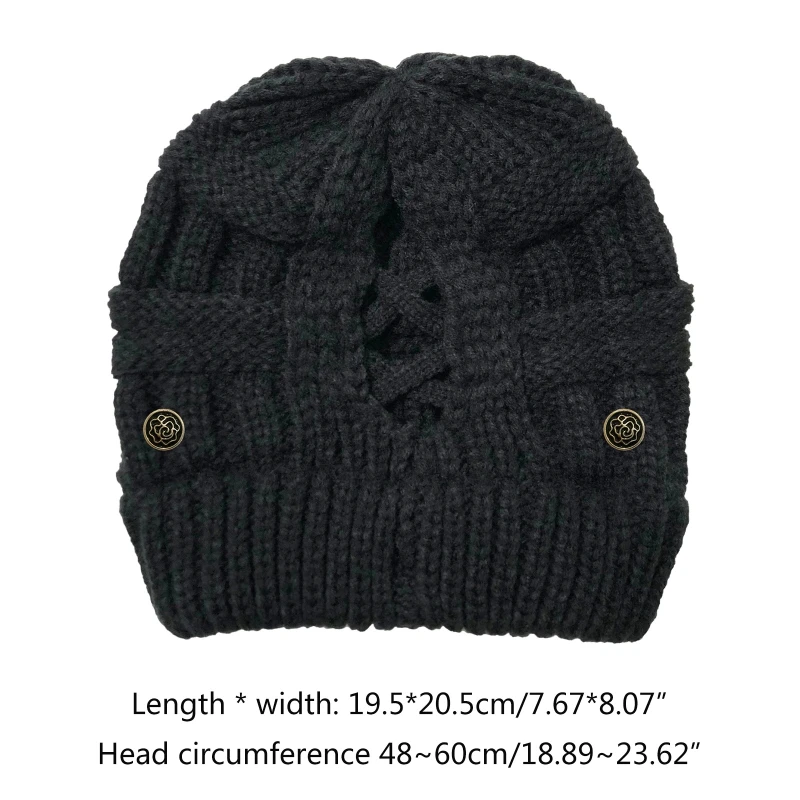 

Women Winter Cable Knitted Stretch Beanie Hat with Detachable Protect Ears Side Buttons Criss Cross Ponytail Skull