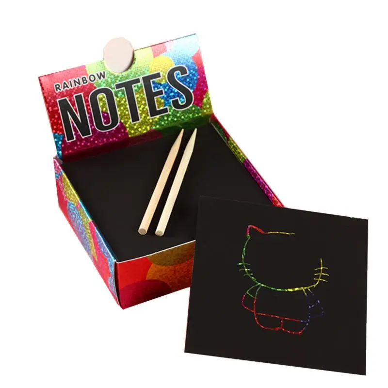

NEW 100PCS Rainbow GLITTER Scratch Art Mini Notes With Wooden Stylus Scraping